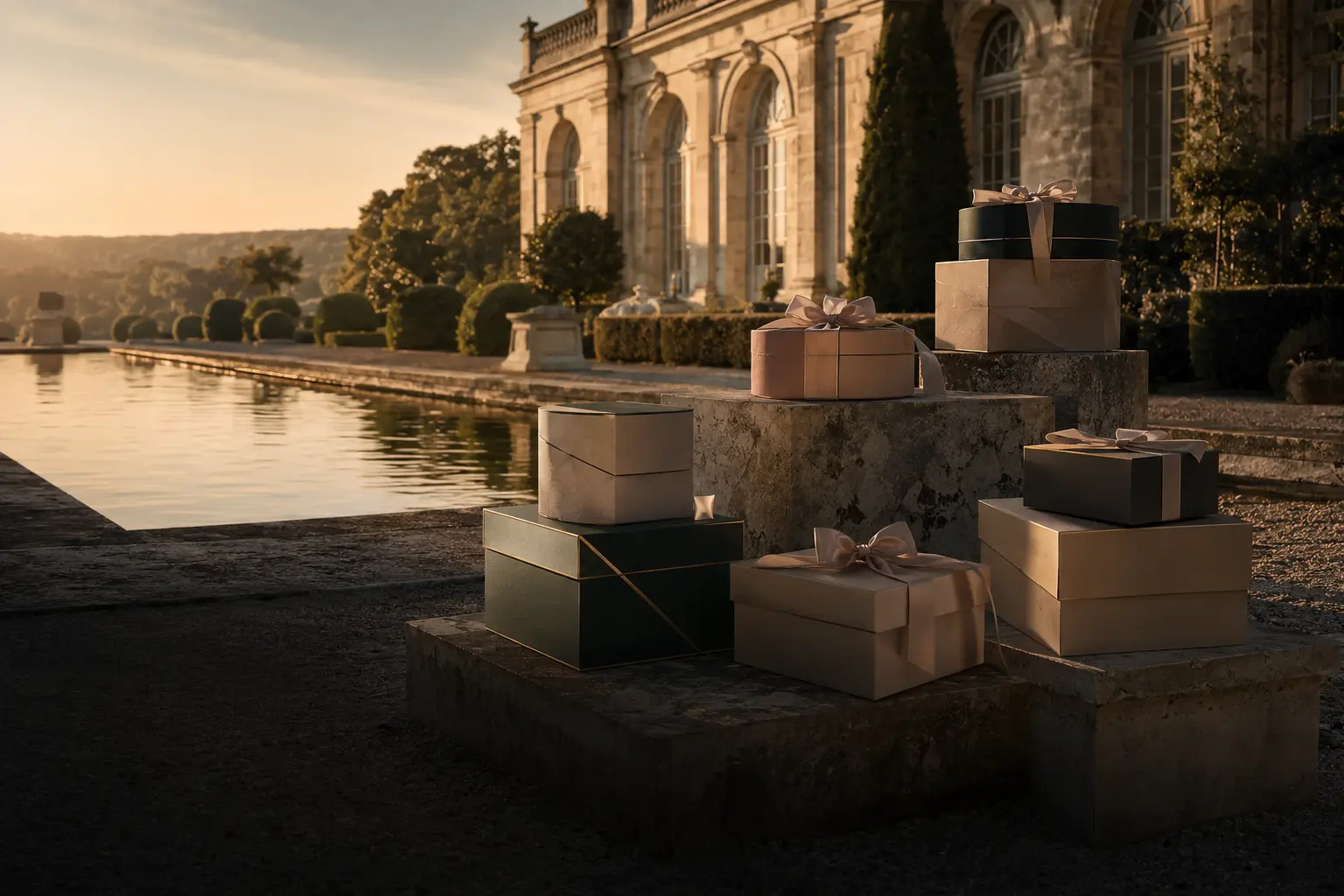 French house presentation boxes displayed at an estate at sunset